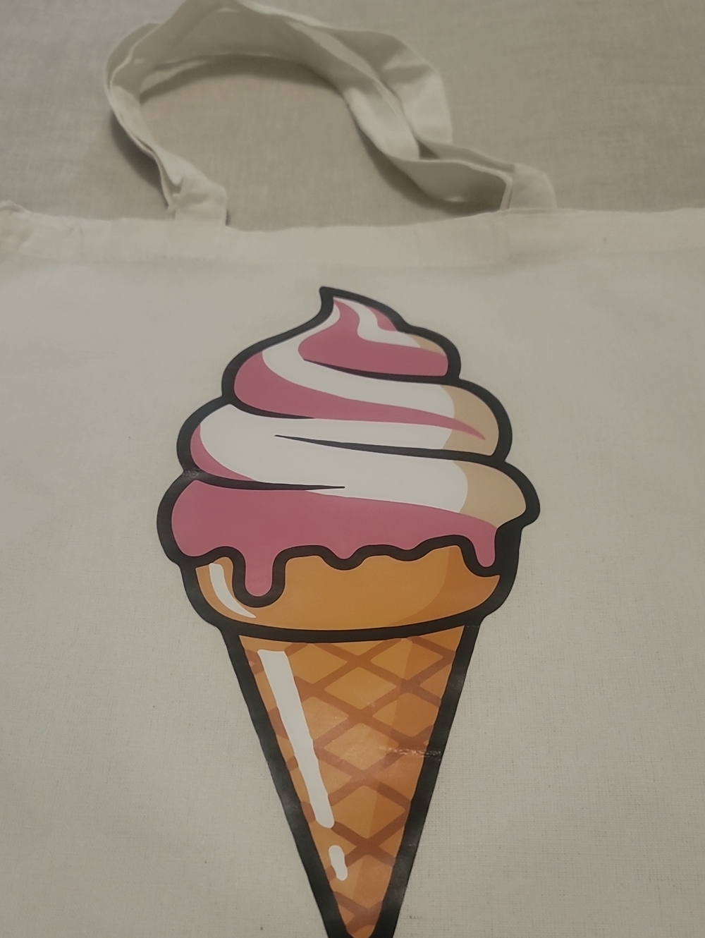 Cream Canvas Tote Bag with Pink Ice Cream Graphic New